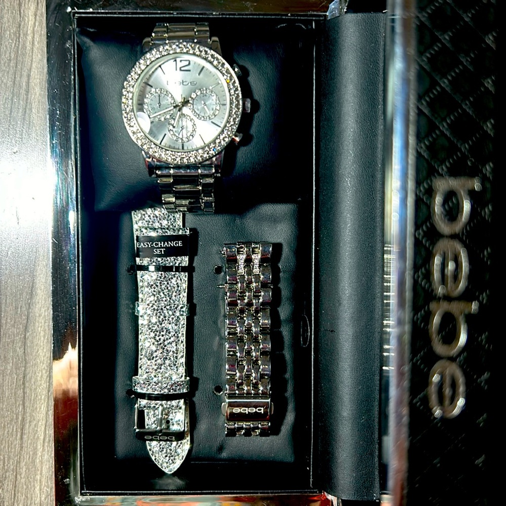 Bebe Crystal face watch with 3 bracelets, gift set